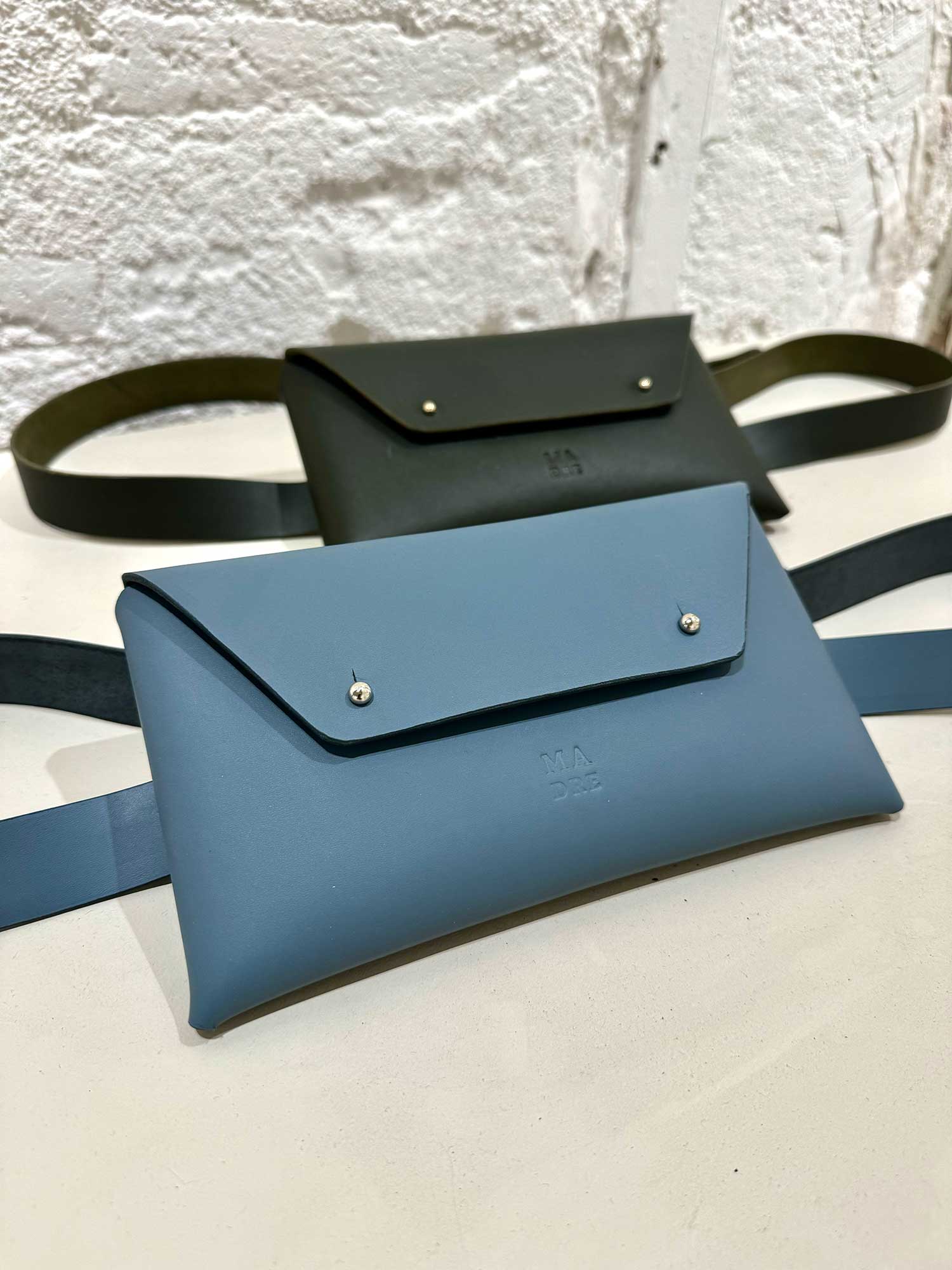 Belt Bag group of two leather Blue Grey and Olive Green Vegetable Tanned Leather Handmade Atelier Madre Manuel Dreesmann Barcelona Spain